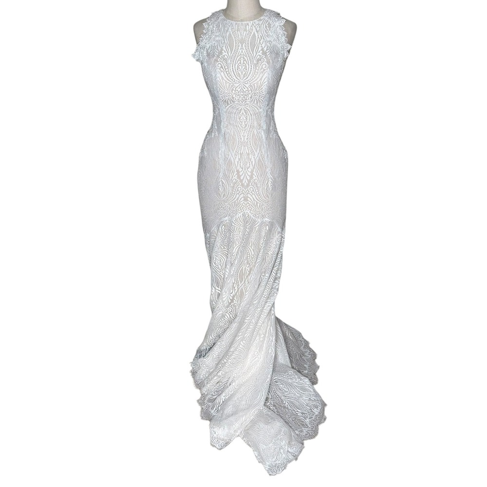 ALLURE BRIDALS Lace Mermaid Wedding Dress White Bridal Gown Women's Size 8 Boho - Picture 2 of 9